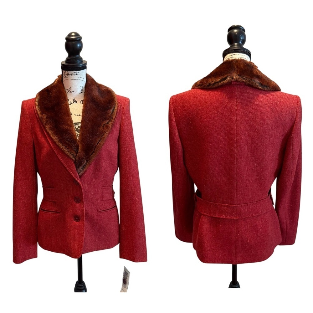 Anne Klein 2Pc Pant Suit Blazer Jacket Faux Fur Wool Blend Red Orange Size 8 NWT - Picture 3 of 16